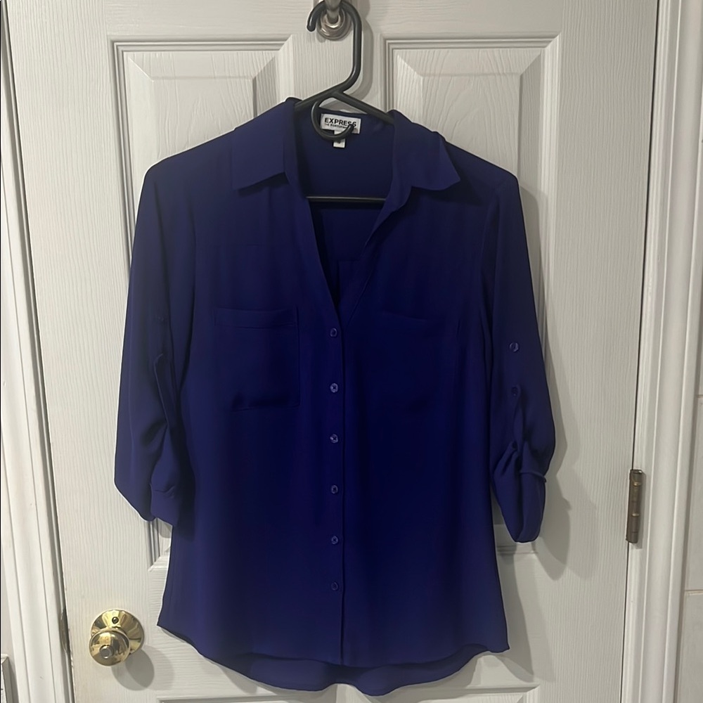 Express Purple Button Down Shirt with Notched Collar and Cuffed Sleeves